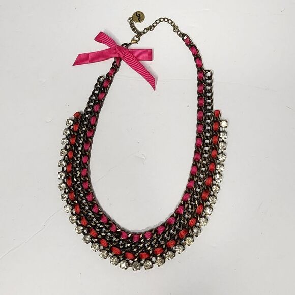 Vintage Hollister Statement Necklace Chain W/ Ribbon Rhinestones Pink Gold Mint - Picture 1 of 4